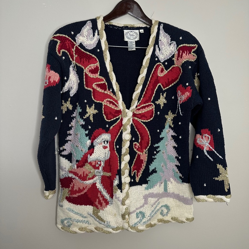 Stitches In Time Women's Christmas Santa Snow Trees Ugly‎ Sweater Cardigan Small